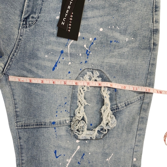 Men’s Distressed Paint Splatter Light Blue Wash Denim Shorts Size 40 - Picture 10 of 11